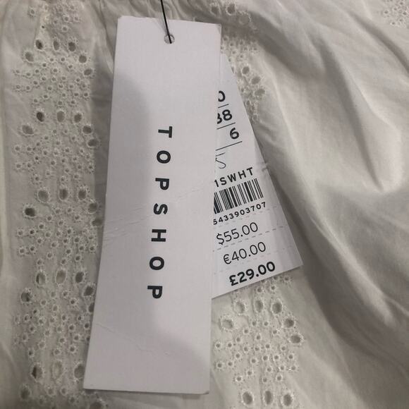 Topshop Shirred Embroidered White Ruffle Blouse Blouson Sleeves Size 6 Victorian - Picture 11 of 15